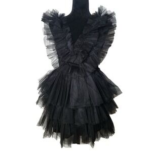Mable Black Tulle Ruffle Tiered Mini Dress Sleeveless V-Neck Small